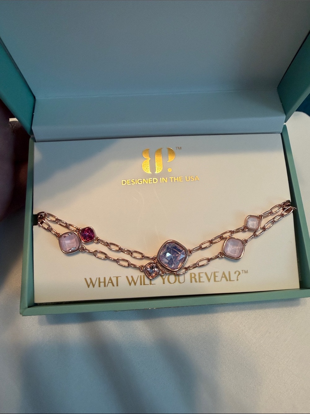 Bomb Party Rose Gold Double-Chain Bracelet with Blue, Pink and Fuchsia Stones